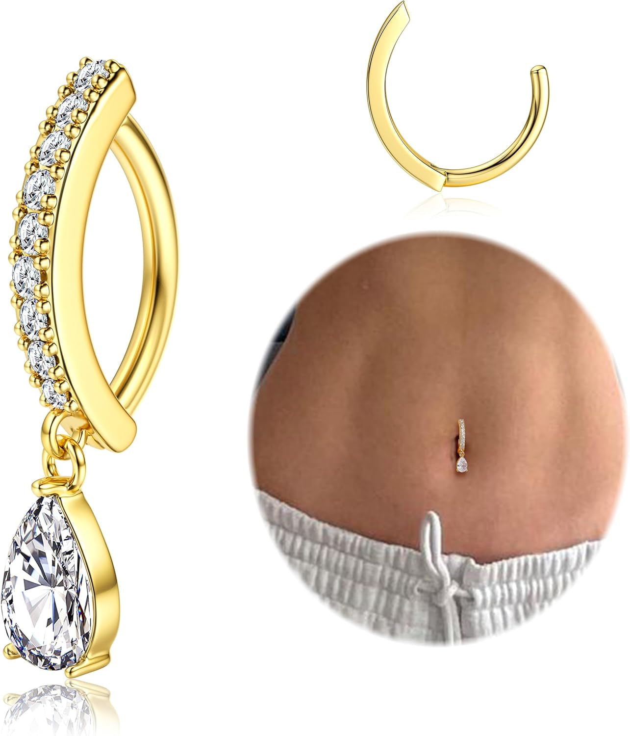 FIBO STEEL 14K Gold Plated Belly Button Rings for Women 316L Surgical Steel Clicker Belly Rings CZ Snake Flower Curved Reverse Navel Rings Belly Piercing Jewelry Barbell 14G