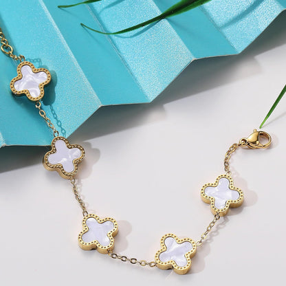 18K Gold Clover Lucky Bracelet – Double-Sided Pearl Flower Charms, Reversible Design, Adjustable Trendy Jewelry Gift for Women