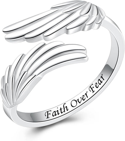 YLT 925 Sterling Silver Feather Angel Wings Ring Adjustable Dainty Wrap Open Thumb Rings for Women