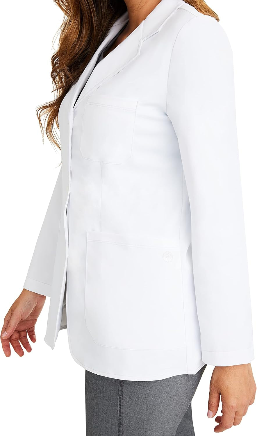 Back view of professional women's lab coat with stretch fabric