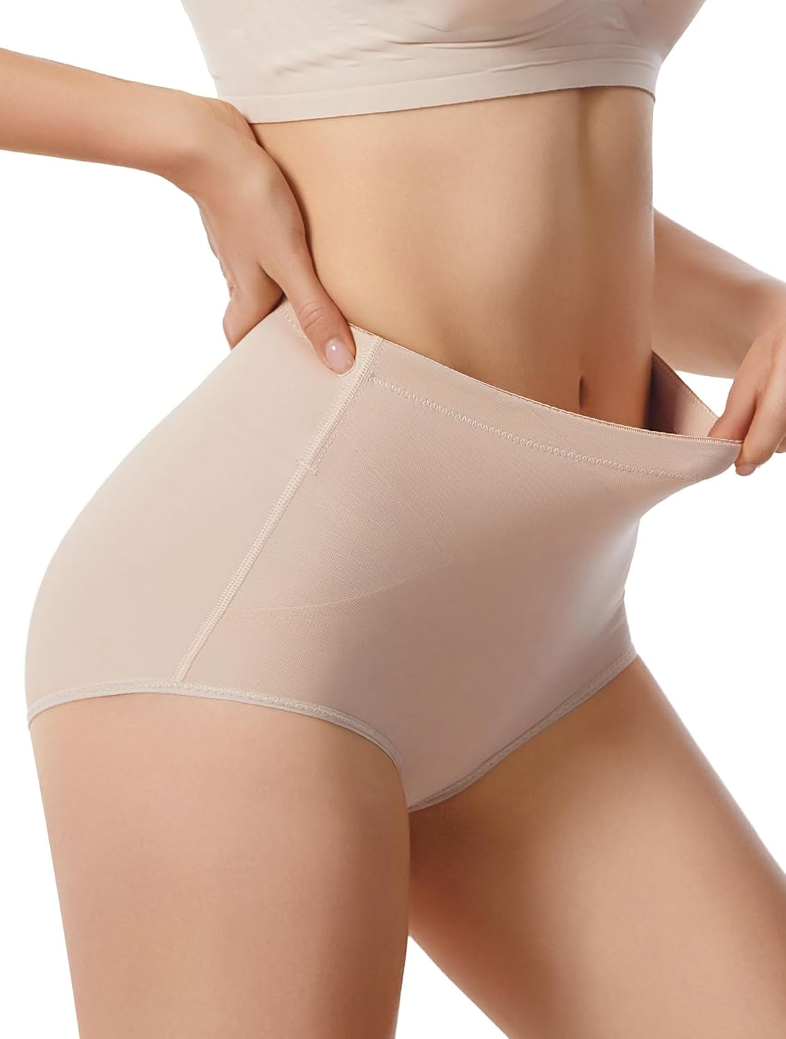Tummy control shapewear panties in beige color displayed flat