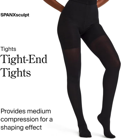 Woman wearing SPANX mid-thigh shaping tights showing smooth legs