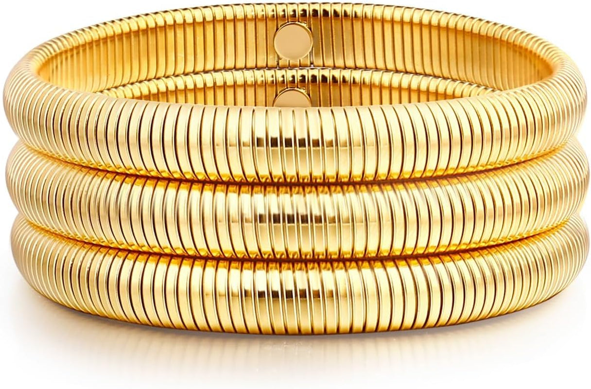 Gold Bangle Multi-Layer Bracelets for Women Stretchy Stainless Steel Link Chain Flexible Wide Wristband Bracelets