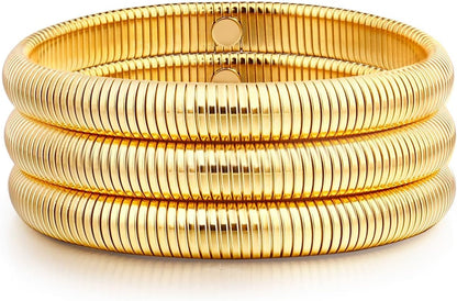Gold Bangle Multi-Layer Bracelets for Women Stretchy Stainless Steel Link Chain Flexible Wide Wristband Bracelets