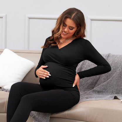 Maternity Shirt Long Sleeve Top Wrap V Neck Blouse Cross over Nursing Tshirt