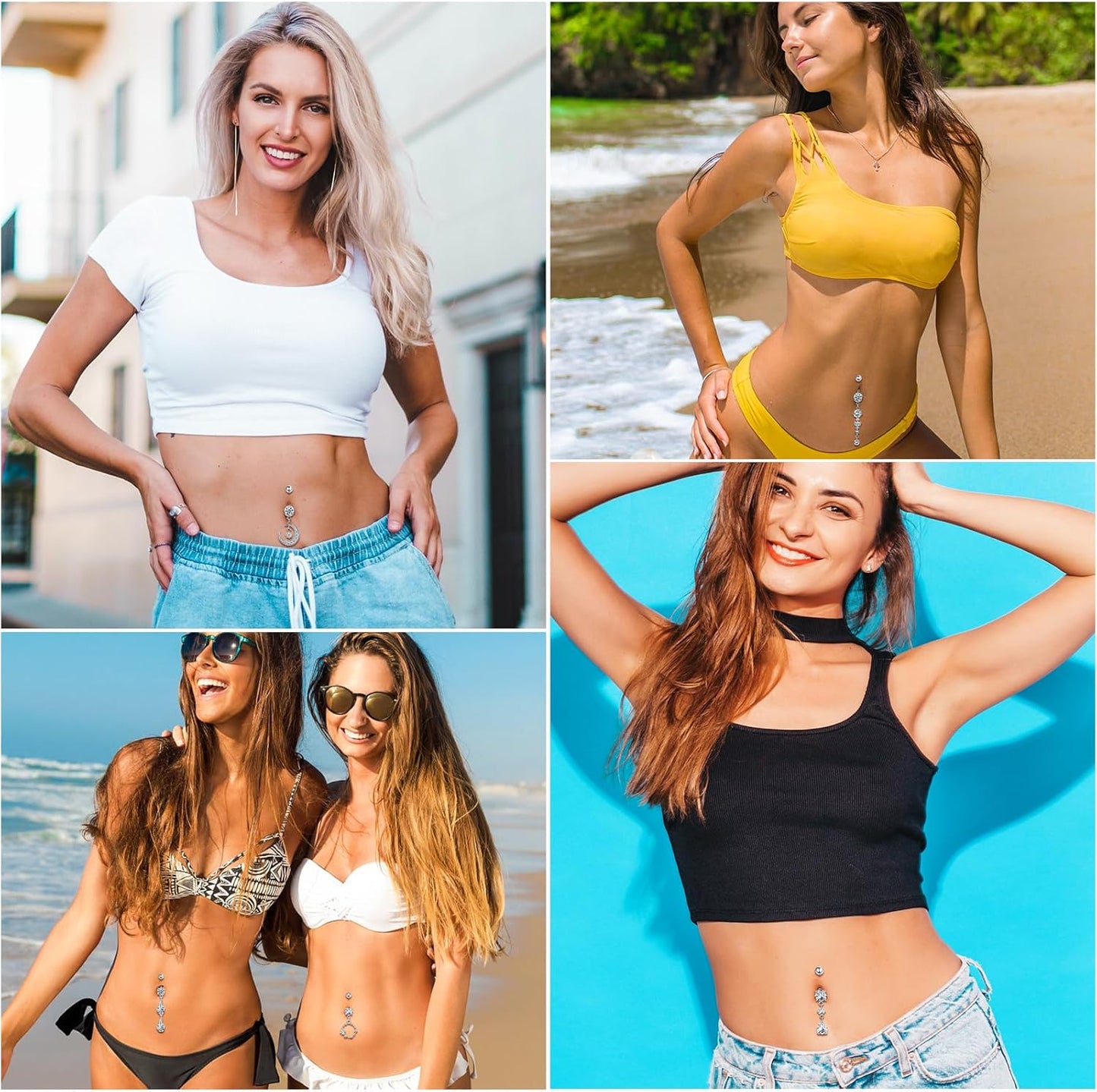 Lucomb 16 PCS 14G Dangle Belly Button Rings for Women, Stainless Steel Dangling Piercing Jewelry Belly Rings, Navel Rings Pack Cute Piercing Barbell Body Jewelry Gifts for Women