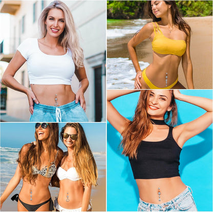 Lucomb 16 PCS 14G Dangle Belly Button Rings for Women, Stainless Steel Dangling Piercing Jewelry Belly Rings, Navel Rings Pack Cute Piercing Barbell Body Jewelry Gifts for Women