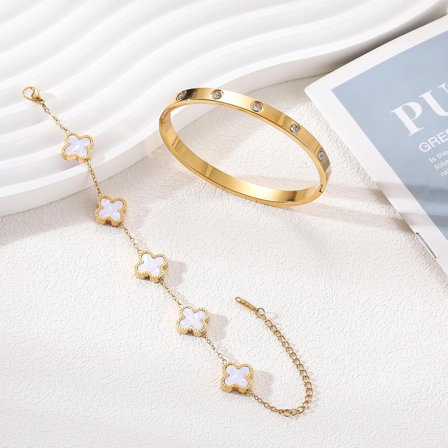 18K Gold Plated Clover Bracelet Love Bangle Set for Women Stackable Cute Fashion Simple Friendship Bracelets Lucky Bracelet Jewelry Trendy Gifts for Women