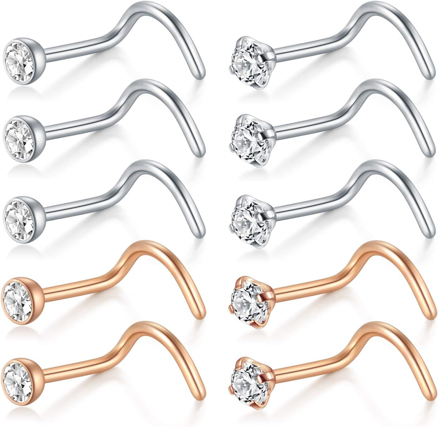 D.Bella Nose Rings 10Pcs 18G Nose Screw Rings Studs Surgical Steel Piercing Jewelry 2Mm Clear CZ Silver