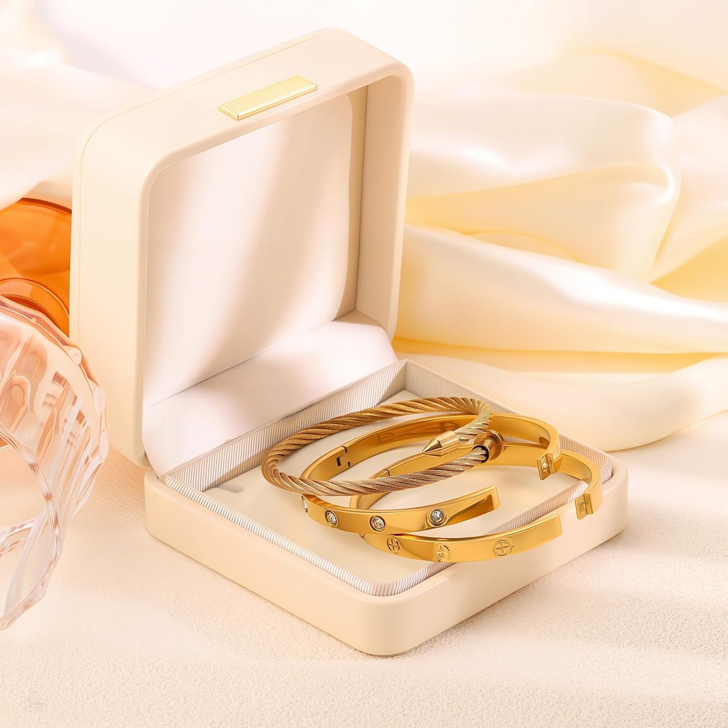 Gold Bracelets for Women - Stackable Bangles with Love & Friendship Theme - Stainless Steel Jewelry Gift for Her