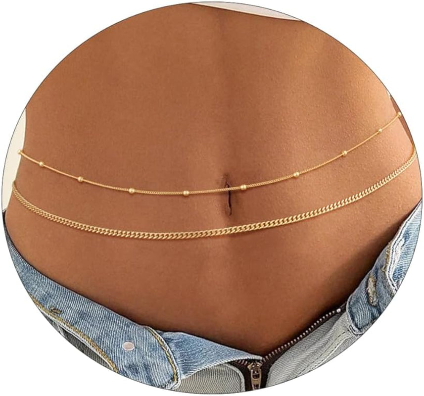 Gold Waist Chain for Women Dainty 14K Gold Plated Layered Belly Chain Adjustable Bikini Belly Beads for the Waist Waterproof Beach Accessories Body Chain Jewelry for Gifts