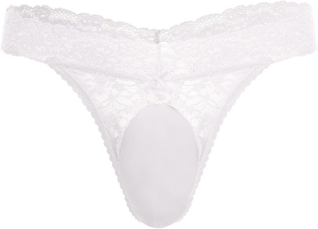 Men's frilly mesh thong underwear with floral lace overlay