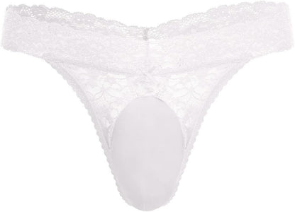 Men's frilly mesh thong underwear with floral lace overlay