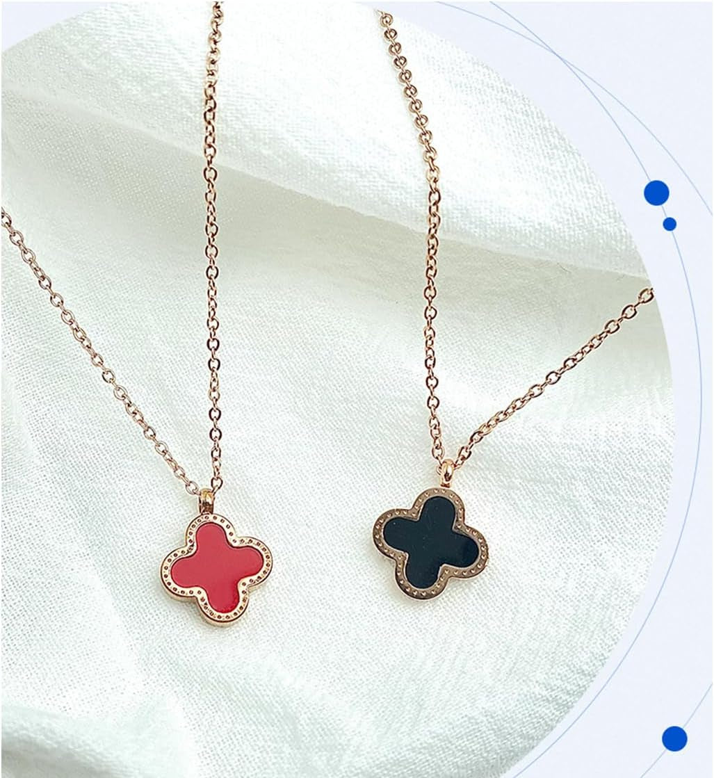 Reversible Clover Pendant Necklace – Titanium Steel Gold Chain – Black & Red Enamel – Four Leaf Lucky Charm Jewelry for Women