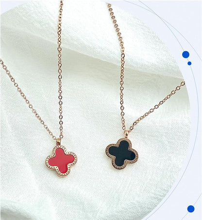 Reversible Clover Pendant Necklace – Titanium Steel Gold Chain – Black & Red Enamel – Four Leaf Lucky Charm Jewelry for Women