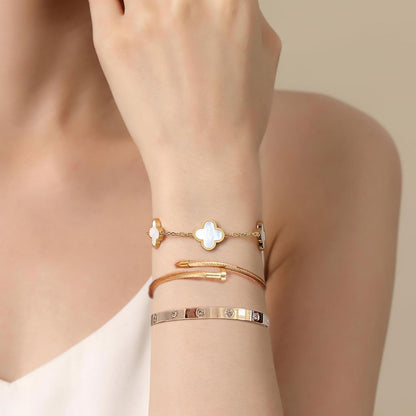 18K Gold Plated Four Leaf Clover Bracelet Bangle Set for Women Stack Bracelets Stainless Steel Bangle Set for Love Trendy Jewelry Gifts for Women (3 Sets(Bracelet,2Bangle))