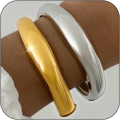 Chunky Gold Bangles for Women, 14K Gold Plated Twisted Hinged Stackable Bangle Bracelet Set, Trendy Cuff Bracelet Stack Fashion Jewelry Gifts