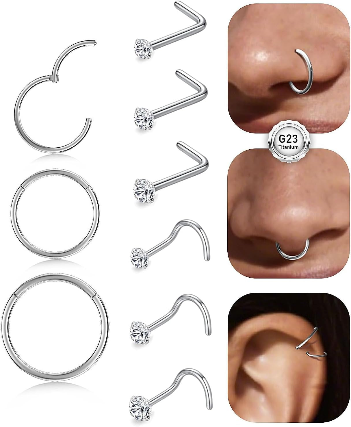 Opal Nose Ring Studs Horseshoe Nose Rings Hoops Stud 316L Stainless Steel Nose Rings round CZ Square Screw L Shaped Nose Stud Hypoallergenic Nostril Piercing Jewelry for Women Men