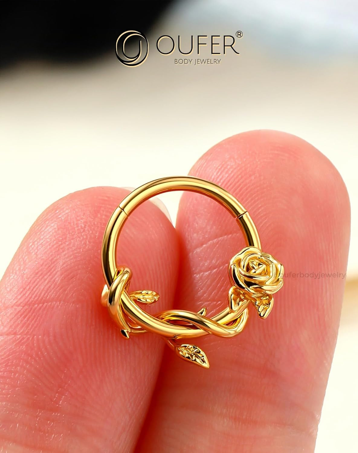 OUFER Flower 16G Gold Septum Rings, 316L Surgical Steel Septum Jewelry, Hinged Clicker Daith Piercing Jewelry, Daith Cartilage Helix Tragus Earring Hoop for Women