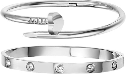 18K Gold Plated Stainless Steel Love Nail Bangle Clover Bracelet Set Stackable Dupes for Love Trendy Jewelry