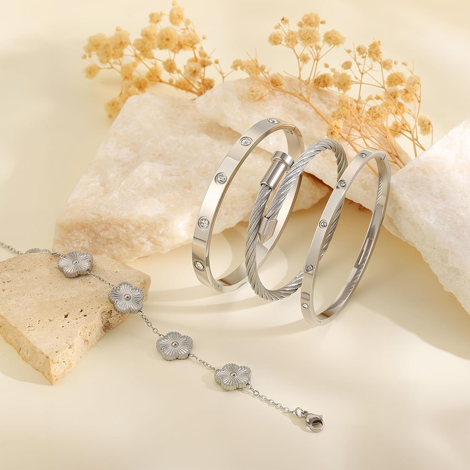 18K Gold Bracelets for Women - Stackable Clover & Nail Love Bangle Set - Non-Tarnish Stainless Steel Jewelry Gift for Valentine'S, Mother'S Day & Christmas