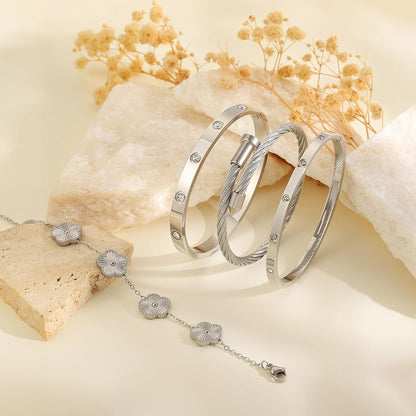 18K Gold Bracelets for Women - Stackable Clover & Nail Love Bangle Set - Non-Tarnish Stainless Steel Jewelry Gift for Valentine'S, Mother'S Day & Christmas