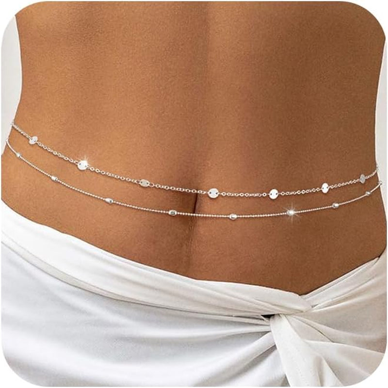 2PCS Gold Silver Waist Chain Adjustable Layered Belly Chain Body Chain Jewelry for Women Sexy Bikini Beach Boho Pearl Beaded Cuban Satellite Waist Chains