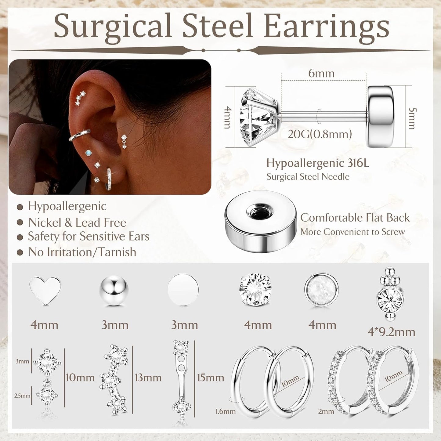 LOYALLOOK Hypoallergenic Flat Back Earrings for Women Trendy 20G Surgical Stainless Steel Earrings 14K Gold Plated Cartilage Earring Stacks Small Flatback Stud Earring Sets for Multiple Piercing
