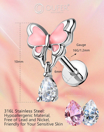 OUFER Pink Dangle Butterfly Cartilage Earrings Studs, Silver 16G Helix Earrings Flat Back Internally Threaded Helix Cartilage Tragus Piercing Jewelry for Women Men-6Mm