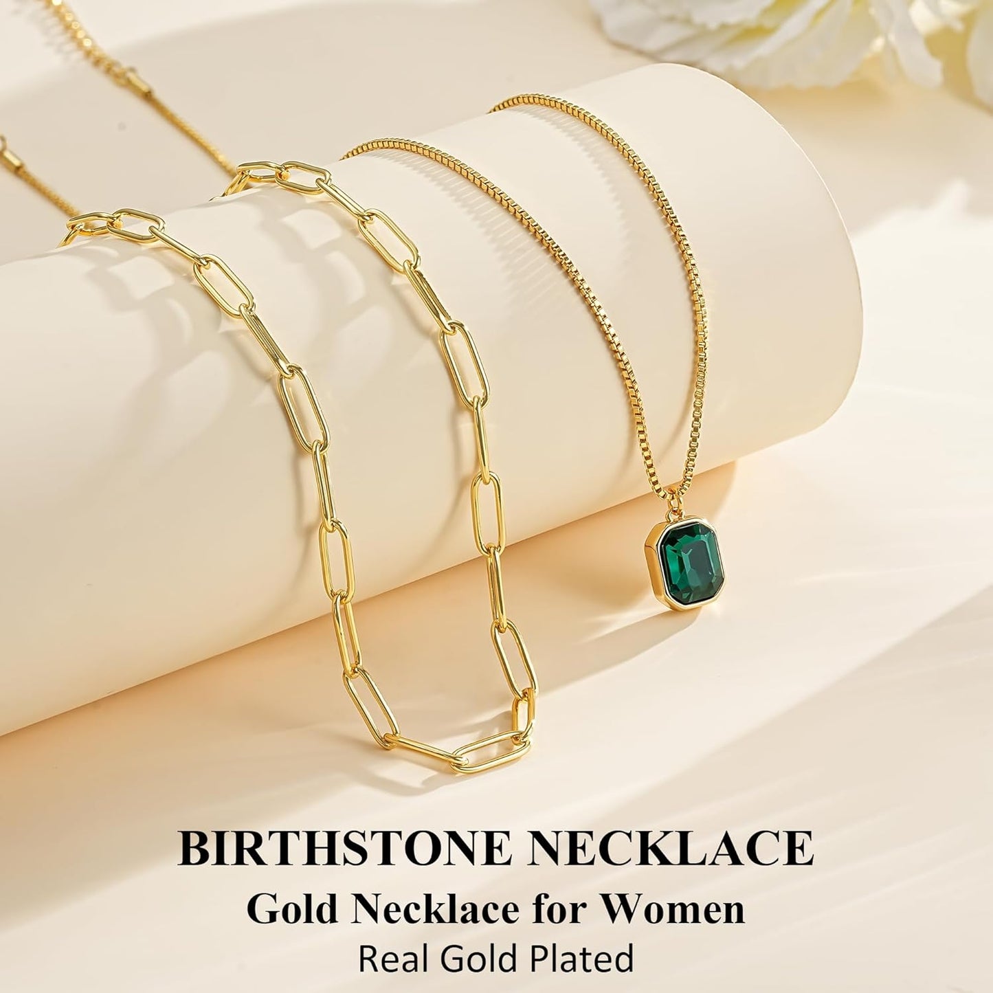 Christmas Gifts for Women Teen Girls - Birthstone Necklace for Women Girls Dainty Layered Gold Necklace for Women with 12 Month Rectangle Birthstone Pendant Paperclip Box Chain Choker Necklace
