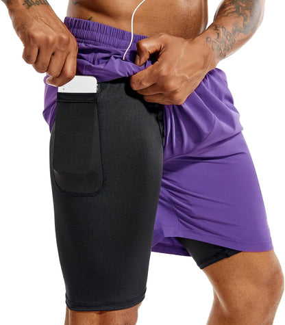 TENJOY Men'S 2 in 1 Running Shorts 5 in or 7 in Quick Dry Gym Athletic Workout Shorts for Men with Phone Pockets