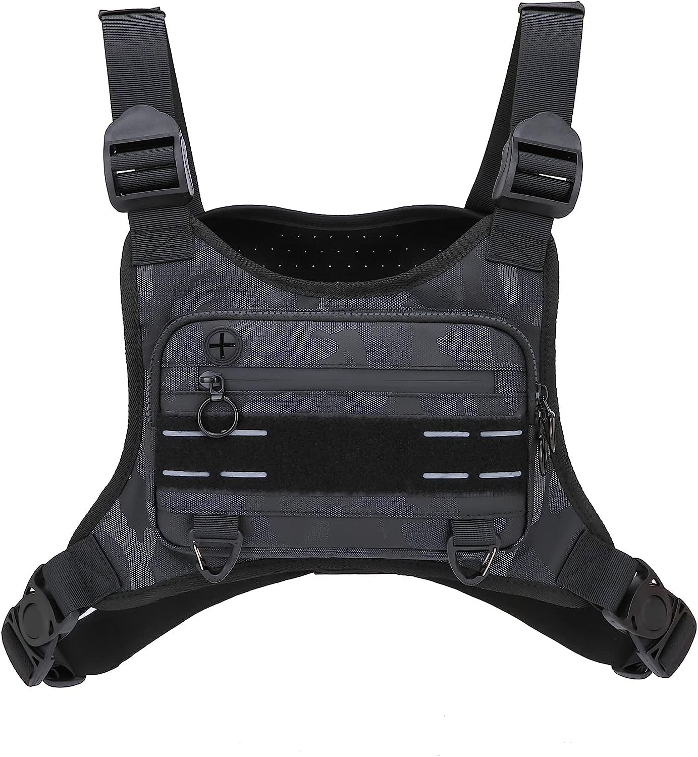 Man wearing sports chest bag while marathon training and running