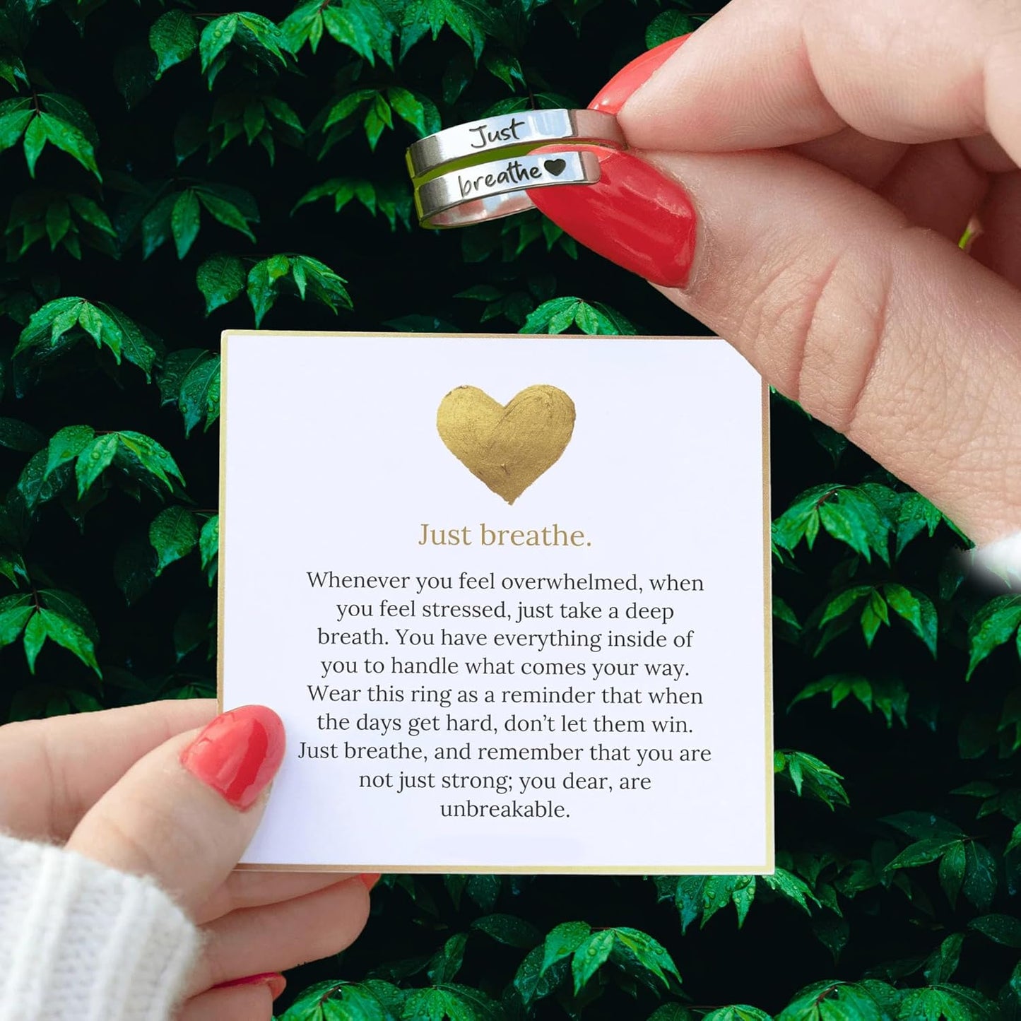 Just Breathe inspirational ring from multiple angles showcasing design