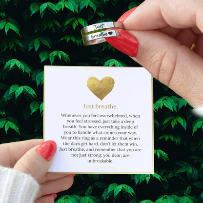 Just Breathe inspirational ring from multiple angles showcasing design