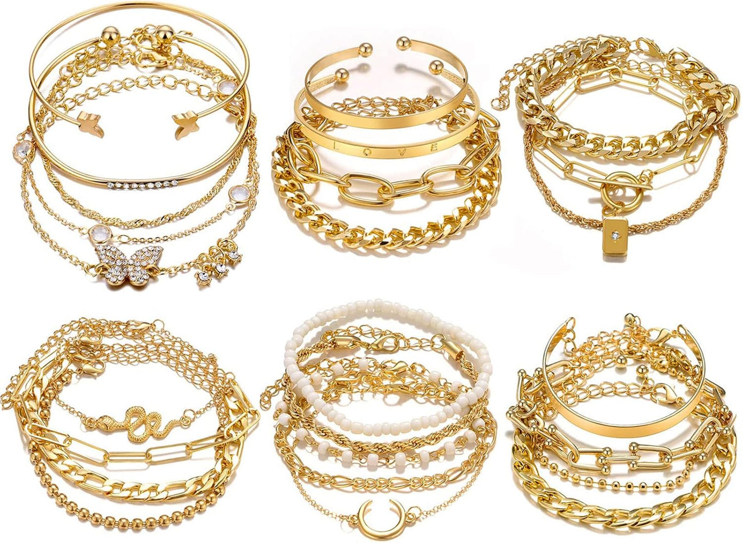 17IF 24-25 Pcs (6 Pack) 14K Gold Ankle Bracelets Set for Women Boho Stackable Bangles Cuff Charm Chunky Wrist Jewelry