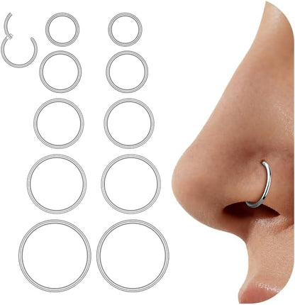 Hypoallergenic 10PCS 16G Large Nose Rings Hoops Set for Women Men, Gold/Silver 316L Surgical Stainless Steel Nose Hoops Hinged Clicker Earrings for Nose Cartilage Body Piercing Jewelry 8/10/12/14/16Mm