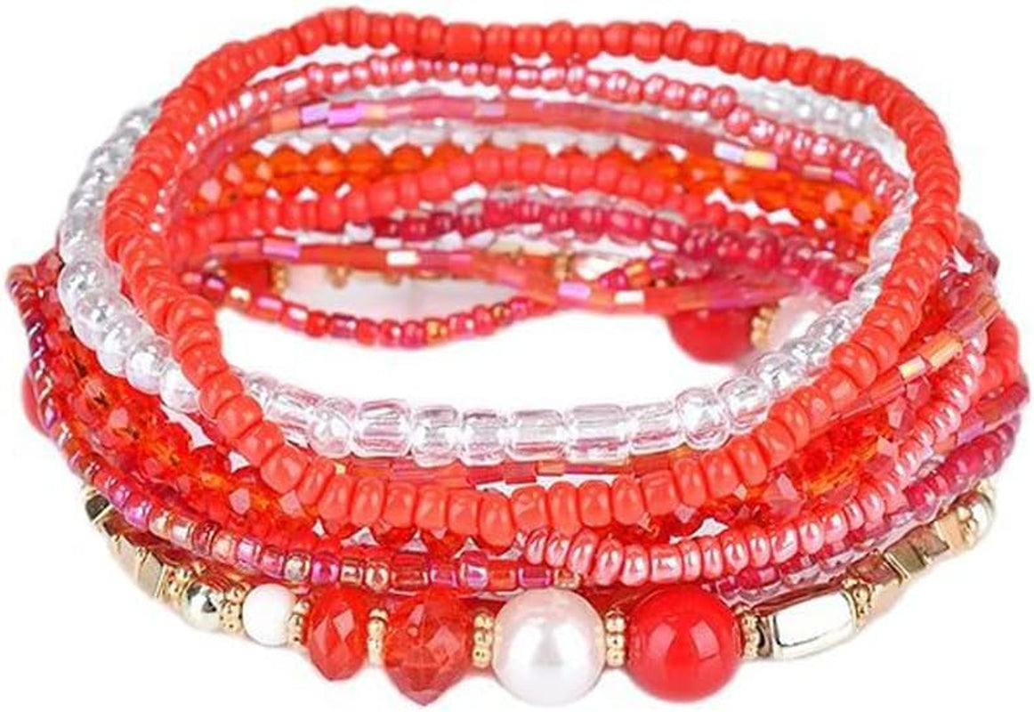 Pingyongchang Bohemian Stackable Bead Bracelets for Women Multilayer Stretch Bangles Bracelet Set Handmade Multicolor Crystal Beaded Bracelets Set Boho Charms Jewelry