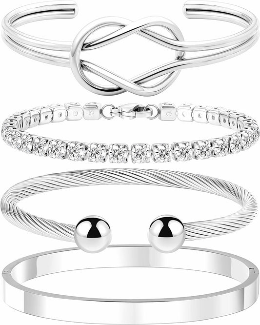 Gold Cuff Stack Bracelet for Women-18K Gold Plated Cubic Zirconia Tennis Bracelet, Love Bangle Stainless Steel Non-Tarnish Jewelry Set for Women Trendy