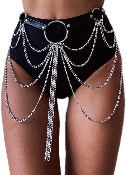REETAN Rave Waist Chain Belt Punk Black Leather Body Accessories for Women