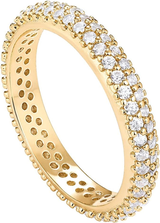 14K gold plated cubic zirconia double row eternity band on woman's finger
