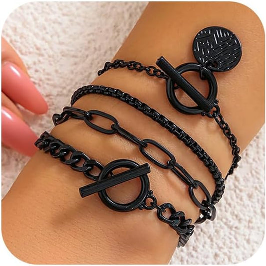 4Pcs Goth Black Stackable Bracelets Set for Women Gothic Statement Gold Coin OT Buckle Bracelet Vintage Paperclip Chain Y2K Party Hallowmas Jewelry Gifts