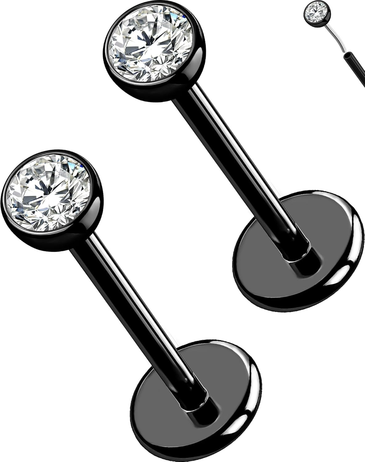 OUFER 2Pcs 20G/18G/16G G23 Titanium Threadless Nose Stud Earrings Flat Back Tiny CZ Small Nose Helix Cartilage Tragus Conch Labret Medusa Monroe Piercing Jewelry for Women Men