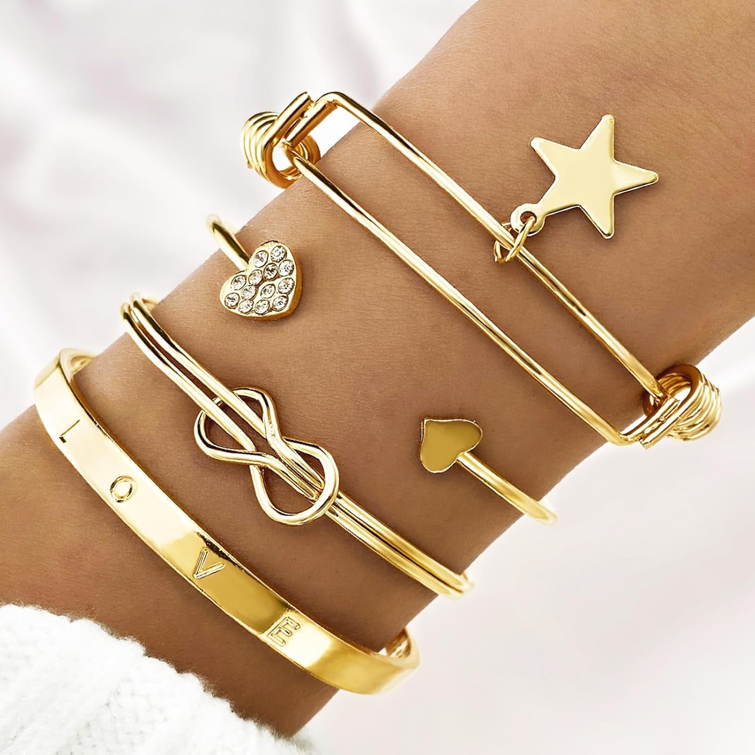 17IF Gold Bangle Bracelet for Women 14K Plated Multi Layer Cuff Bracelets Set Trendy Boho Textured Indian Punk Chunky Cable Smooth Bangles Elegance Stack Minimalist Jewelry Gift