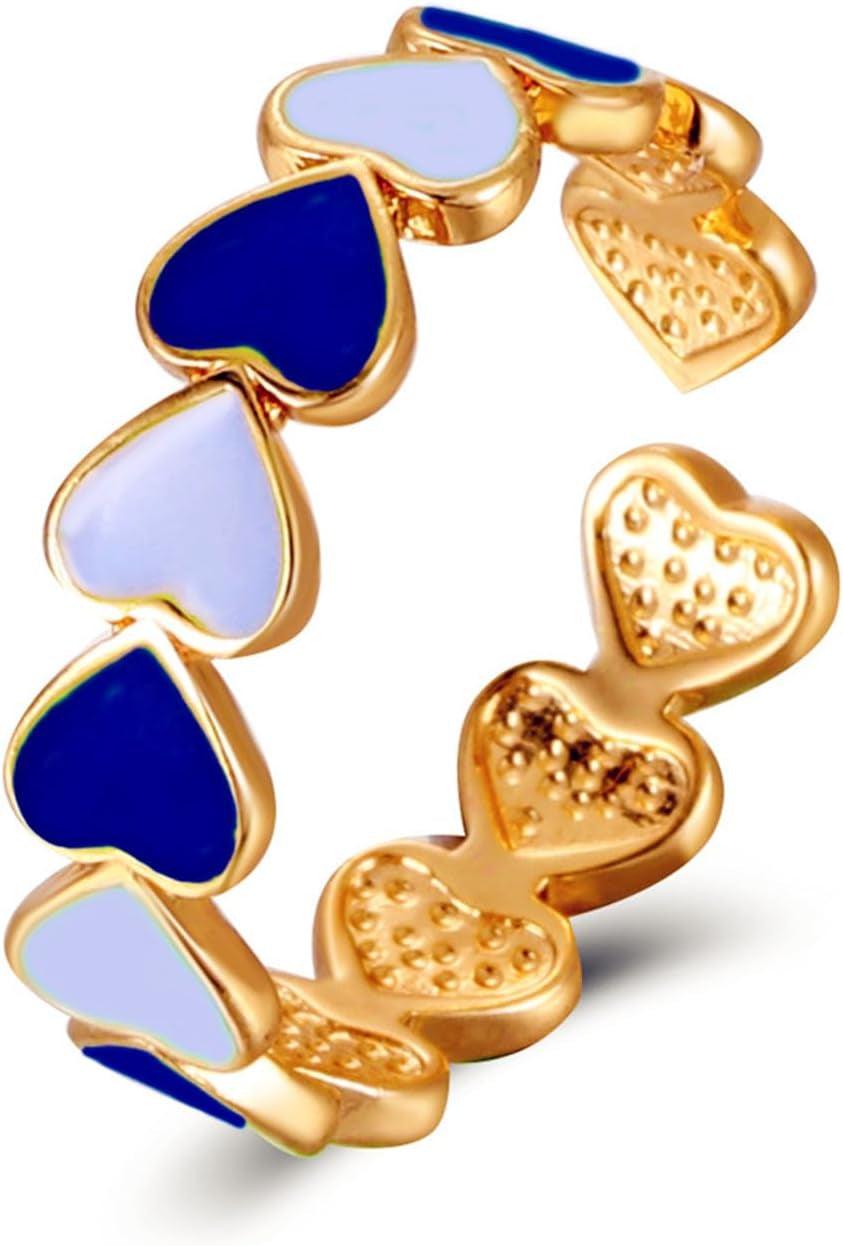 Colorful Enamel Heart Finger Ring Gold Silver Plated Sweet Pink Love Hearts Adjustable Open Promise Rings for Women Wedding Bridal Birthday Party Valentines Day Christmas Fashion Jewelry Gifts