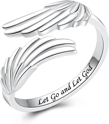 YLT 925 Sterling Silver Feather Angel Wings Ring Adjustable Dainty Wrap Open Thumb Rings for Women