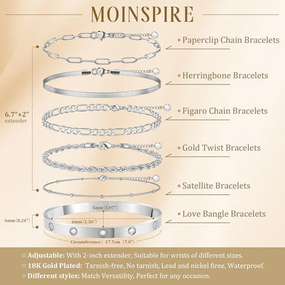 Gold Bracelets for Women Non Tarnish, Dainty 18K Gold Plated Bracelets Stack Trendy Waterproof Stackable Bangles, Cuban Link Paperclip Chain Jewelry Set Fashion Accessories Gifts for Women