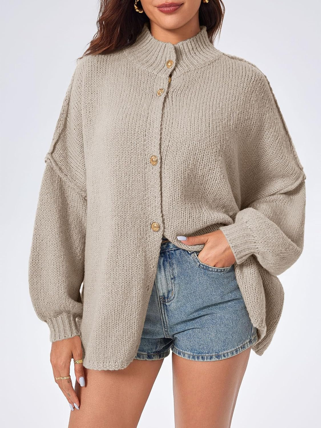 Long lantern sleeve detail on women's knit sweater