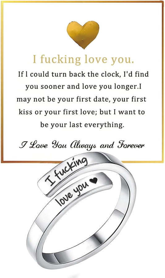 I Fcking Need You Ring for Women, Open Adjustable Stainless Steel I F Love You Ring Engraved Heart Spiral Wrap Twist Vintage Romantic Promise Rings Inspirational Jewelry for Wife Girlfriend Boyfriend