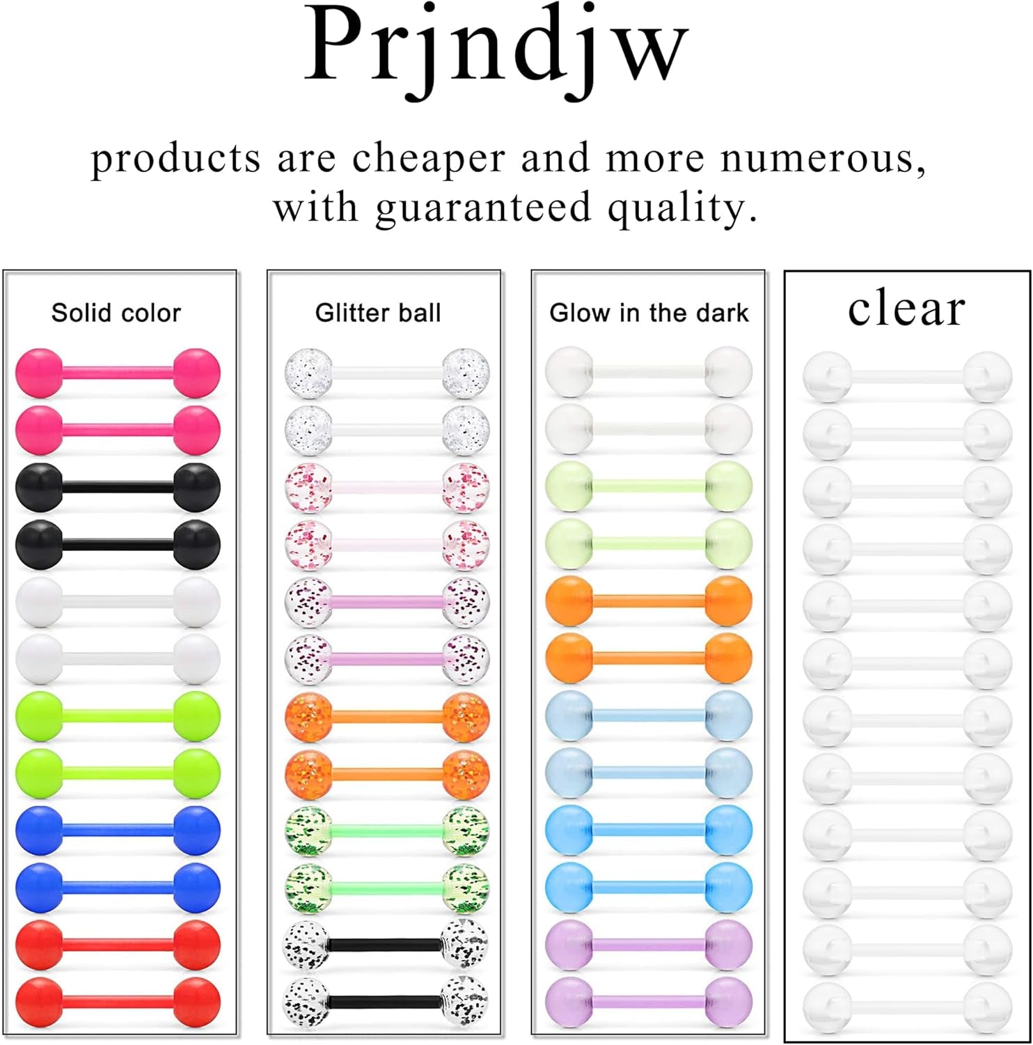Prjndjw 48Pcs 14G 16Mm 14MM Glow in Dark Tongue Nipple Ring Plastic Flexible Acrylic Straight Barbell Body Piercing Jewelry for Women Men Tongue Nippie Piercings