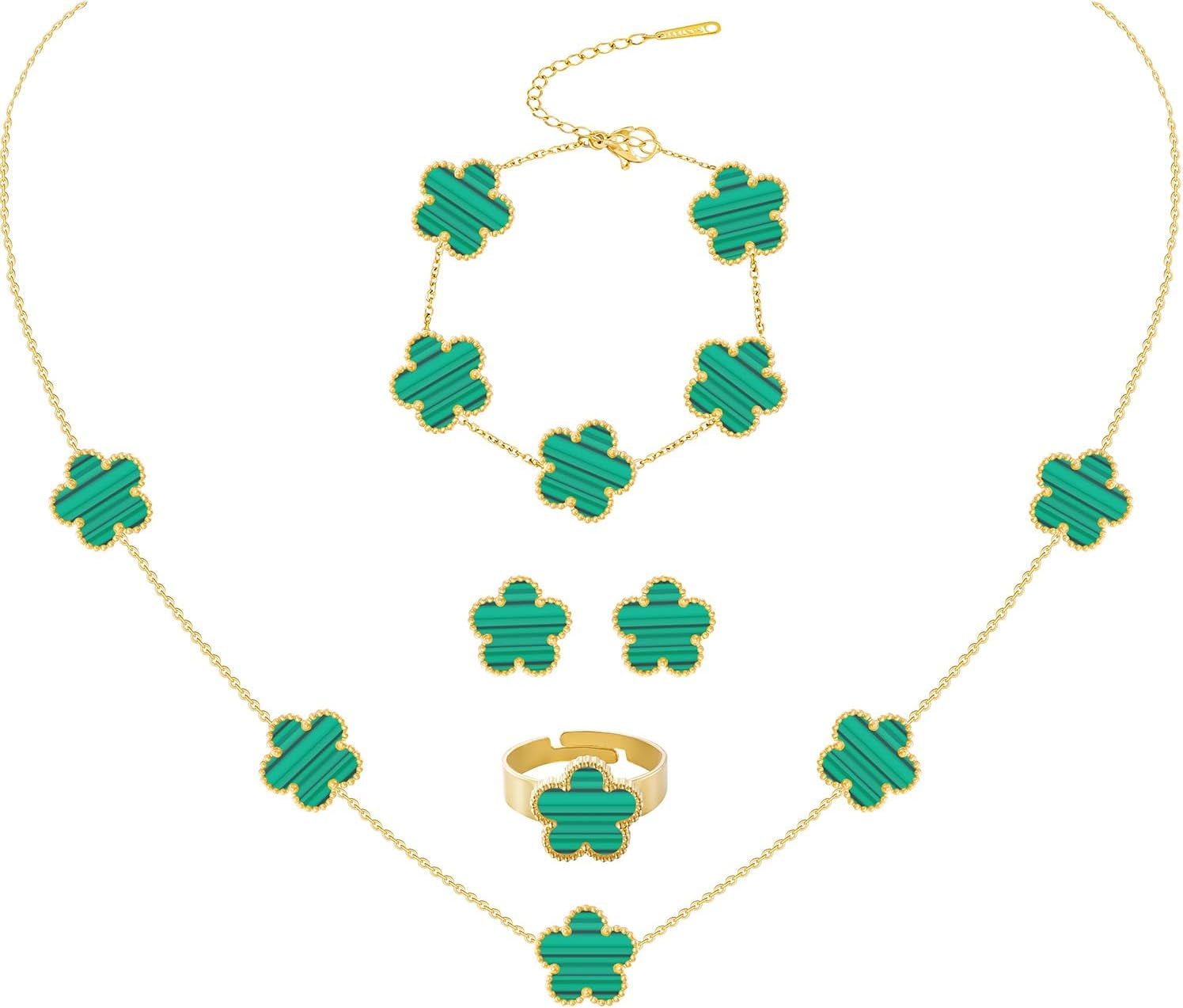 Gold Plated Stainless Steel Four Leaf Clover Bracelet Necklace Earrings and Ring Jewelry Set for Women